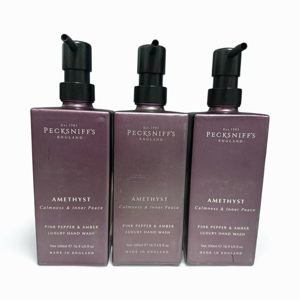 NEW 3x Pecksniffs Amethyst Pink Pepper & Amber Glass Bottle Hand Wash 16.9 fl oz